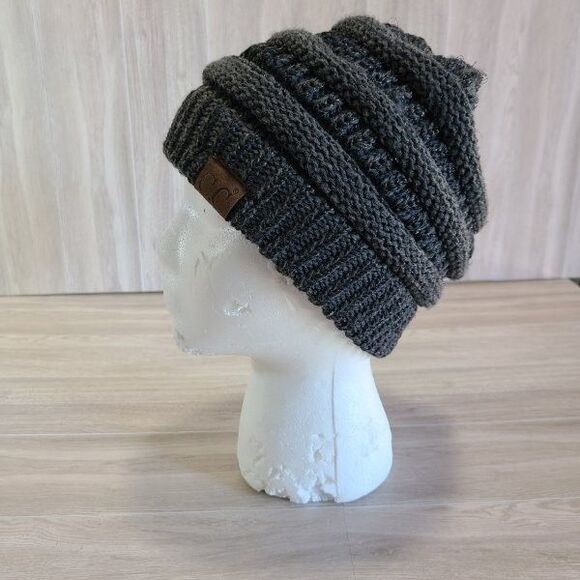 Dark Gray Knit Ponytail Beanie Ribbed Winter Hat w/ Top Opening for Hair - Picture 1 of 5